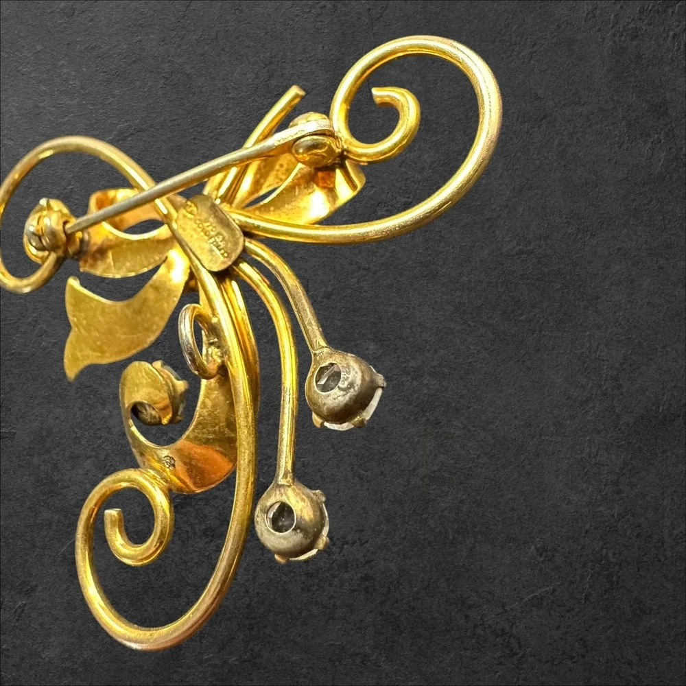 Vtg I. Michaelson MC Mid Century Brooch 12K Gold Filled Rhinestone Bow Ribbon